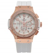 Hublot Big Bang Aspen Chronograph 18K Rose Gold-White Dial White Subdials-Diamonds Bezel-White Rubber Strap