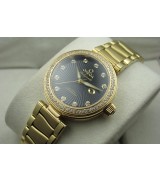 Omega Deville Ladymatic Diamonds Automatic Watch Yellow Gold Black Dial 34mm