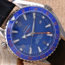Omega Sea-Master GMT Automatic Watch-Ceramic Bezel-Blue Dial With Orange GMT Hand-Black Leather Strap
