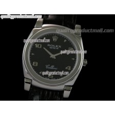 Rolex Cellini Swiss Quartz Watch-Black Dial Droplets/Numeral Hour Markers-Black Leather strap 