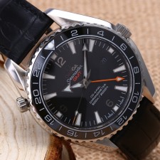 Omega Sea-Master GMT Automatic Watch-Ceramic Bezel-Black Dial With Orange GMT Hand-Black Leather Strap