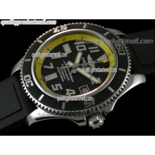 Breitling SuperOcean Abyss 42MM Automatic Watch-Black Dial Yellow Inner Bezel-Pro Diver Black Rubber Strap