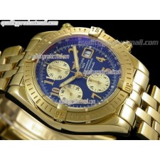 Breitling Chronomat Evolution V3 Chronograph 18K Gold-Blue Dial Gold Subdials Numerals Hour Markers-Stainless Steel Bracelet