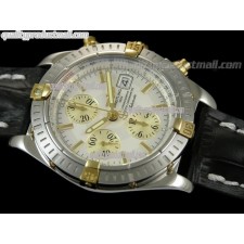 Breitling Chronomat Evolution V3 Chronograph Two Tone Edition 18k Gold-White Dial Gold Subdials Gold Index Hour Markers-Black Leather Strap