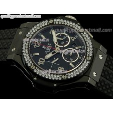 Hublot Big Bang BLACK MAGIC Limited Edition Chronograph-Black Dial Numeral Hour Markers-Diamond Bezel-Black Rubber Strap