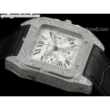 Cartier Santos 100th Anniversary Automatic Watch-White Dial Diamond Crested Bezel-Black Leather Strap