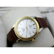 Omega De Ville Automatic 18k Gold-White Dial-Gormment Markers-Brown Genuine Leather Strap