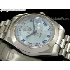 Rolex DayDate II 41mm Swiss Automatic Watch-White Dial Blue Roman Numeral Markers-Stainless Steel Presidential Bracelet