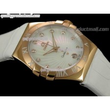 Omega Constellation Midsize 18k Rose Gold-Fan Shell Design White Dial-White Leather Strap