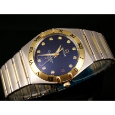 Omega Constellation OM6160 Automatic-18k Gold Blue Dial-Stainless Steel TT Linked Strap