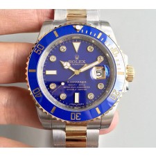 Rolex Submariner Automatic Watch 18K Gold Blue Dial Diamonds Marker