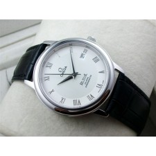 Omega De Ville Automatic-White Dial-Roman Number Markers-Black Genuine Leather Strap