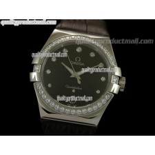 Omega Constellation Midsize Diamond Swiss Quartz-Fan Shell Design Brown Dial-Brown Leather Strap