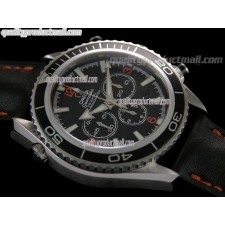 Omega Sea-Master Automatic Chrono-Black Dial-Black Subdials with White Trims-Bar/Orange Numeral Markers-Black Leather Strap