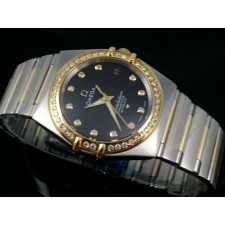 Omega Constellation OM033  Diamond Automatic-18k Black Wave Texture Dial-Stainless Steel TT Linked Strap