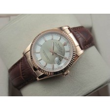 Rolex Datejust 36mm Swiss Automatic Watch Rose Gold-White&Silvery Dial Stick Markers-Brown Leather Bracelet