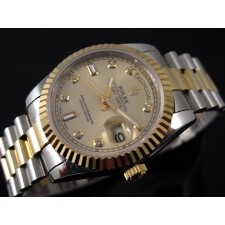 Rolex Day-Date E702 Automatic 18k Gold-Gold Dial Diamond Markers-Stainless Steel Strap