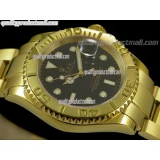 Rolex Yachtmaster II Gold Swiss ETA-Black Dial White Dot Markers-Gold Plated Stainless Steel Oyster Strap