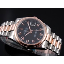 Rolex Datejust E709 Automatic 18k Rose Gold-Black Dial Number Markers-Stainless Steel Strap