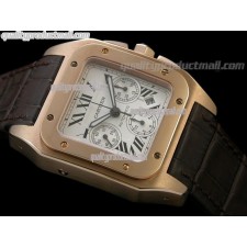 Cartier Santos 100th Anniversary Automatic Watch 18K Rose Gold-White Dial-Brown Leather Strap