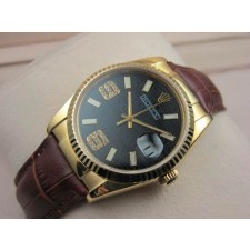 Rolex Datejust 36mm Swiss Automatic Watch 18K Gold-Black Dial Diamond Stick Markers-Brown Leather Bracelet