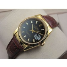 Rolex Datejust 36mm Swiss Automatic Watch 18K Gold-Black Dial Stick Markers-Brown Leather Bracelet