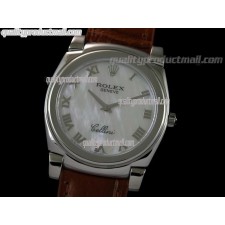 Rolex Cellini Swiss Quartz Watch-MOP White Dial Roman Numeral Hour Markers-Brown Leather strap