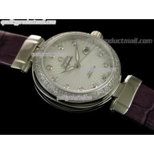 Omega Deville Ladymatic Diamond Swiss Automatic Watch-White Coral Design Dial-Purple Leather strap