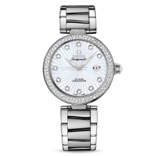 Omega Deville Ladymatic Diamond Swiss Automatic Watch-White Coral Design Dial-Stainless Steel Link