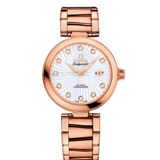 Omega Deville Ladymatic 18k Rose Gold Swiss Automatic Watch-White Coral Design Dial-Stainless Steel Link