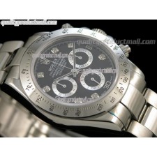 Rolex Daytona Swiss Chronograph-Black Dial Silver Subdials-Diamond Hour Markers-Stainless Steel Oyster Bracelet