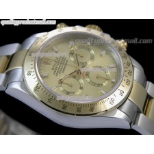 Rolex Daytona Swiss 18K Gold Bi Tone Chronograph-Gold Dial Gold Ring Subdials-Stainless Steel Oyster Bracelet