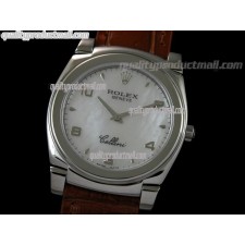 Rolex Cellini Swiss Quartz Watch-MOP White Dial Droplet Hour Markers-Brown Leather strap