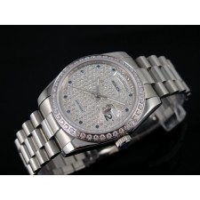 Rolex Day-Date E726 Automatic-Silver Diamond Dial Dots Markers-Stainless Steel Strap