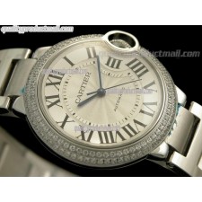 Cartier Blue Ballon Mid Sized Swiss Watch-White Dial Diamond Crested Bezel-Stainless Steel Bracelet 
