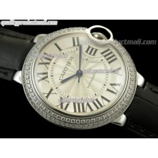 Cartier Blue Ballon Ladies Swiss Watch-White Dial Diamond Crested Bezel-Black Leather Strap