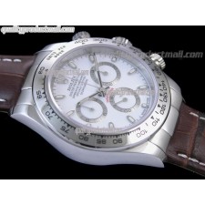 Rolex Daytona Swiss Chronograph-White Dial, Silver Ring Subdails-Genuine Brown Leather Strap 