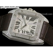 Cartier Santos 100th Anniversary Automatic Watch-White Dial Diamond Crested Bezel-Brown Leather Strap