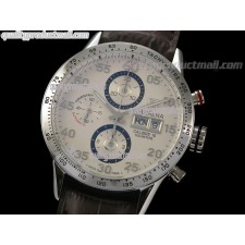 Tag Heuer Carrera Calibre 16 Day Date Automatic Chronograph-White Dial Blue Ring Subdials-Brown Leather Strap