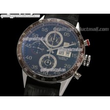 Tag Heuer Carrera Calibre 16 Day Date Automatic Chronograph-Blue Dial White Ring Subdials-Black Leather Strap