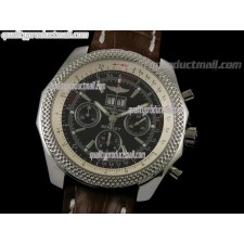 Breitling Bentley 6.75 Big Date Chronograph-Black Dial Black Subdials-Brown Leather Strap