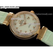 Omega Deville Ladymatic Rose Gold Diamond Swiss Automatic Watch - White Coral Design Dial - Green Leather Strap