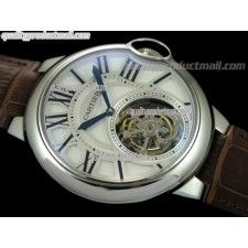 Cartier Blue Ballon Flying Tourbillon Swiss Watch-White Dial-Brown Leather Strap