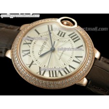 Cartier Blue Ballon Ladies Swiss Watch 18k Rose Gold-White Dial Diamond Crested Bezel-Brown Leather Strap 