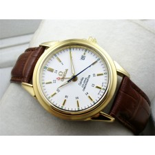 Omega De Ville Automatic 18k Gold-White Dial-Gormment Number Markers 4 Needles-Brown Genuine Leather Strap