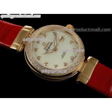 Omega Deville Ladymatic 18k Rose Gold Diamond Swiss Automatic Watch-White Coral Design Dial-Red Leather Strap