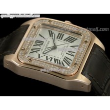 Cartier Santos 100th Anniversary Automatic Ladies Watch 18k Rose Gold-White Dial Diamond Crested Bezel-Brown Leather Strap