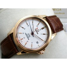 Omega De Ville Automatic 18k Rose Gold-White Dial-Gormment Markers 4 Needles-Brown Genuine Leather Strap