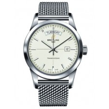 Breitling Transocean Day-Date Automatic Watch SS White Dial 43mm