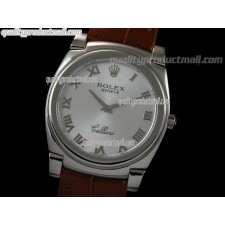 Rolex Cellini Swiss Quartz Watch-Silver Dial Roman Numeral Hour Markers-Brown Leather strap